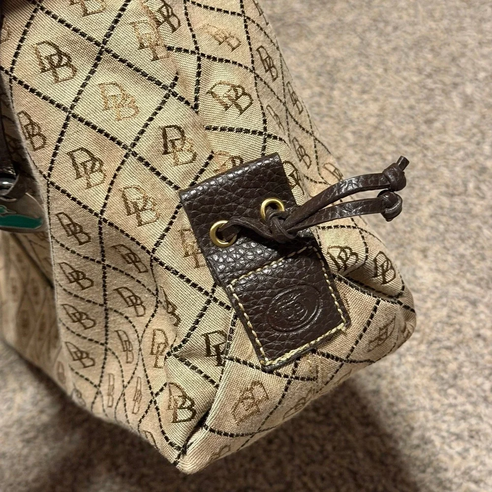 Dooney & Bourke DB Logo Canvas Satchel Bag Brown Leather Drawstring